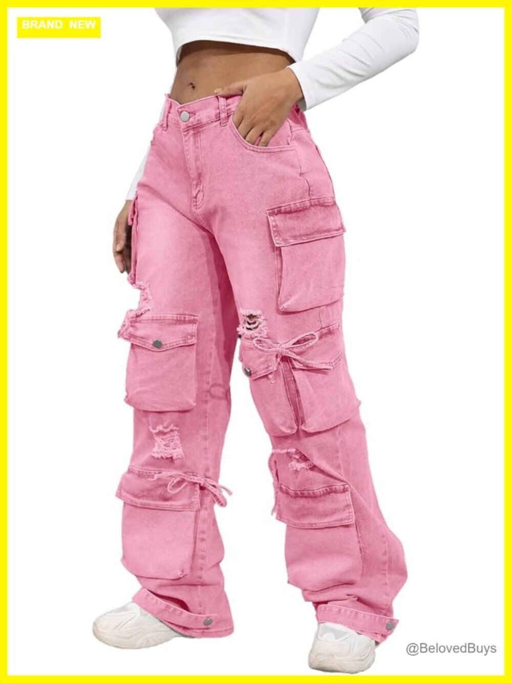 High Waist Baggy Jeans Flap Pocket Cargo Pants Loose Denim Streetwear